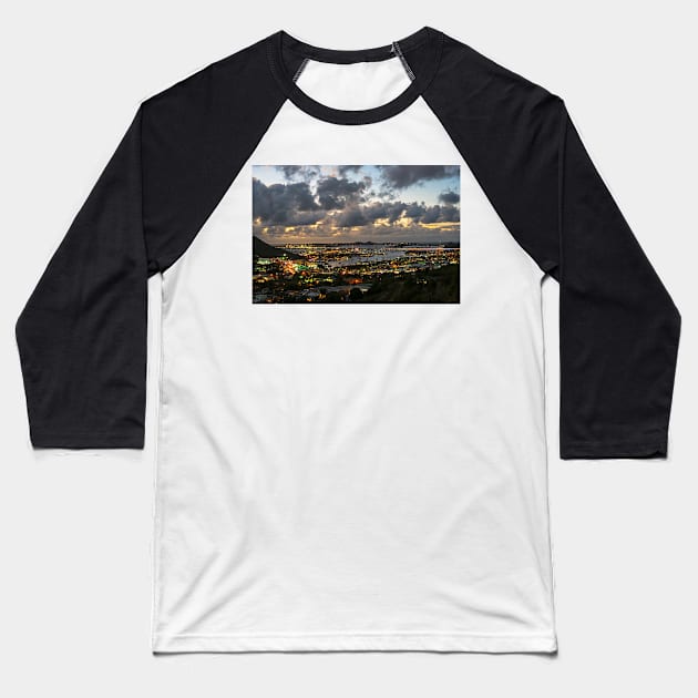 Looking down at Saint Martin during Twilight Baseball T-Shirt by WayneOxfordPh